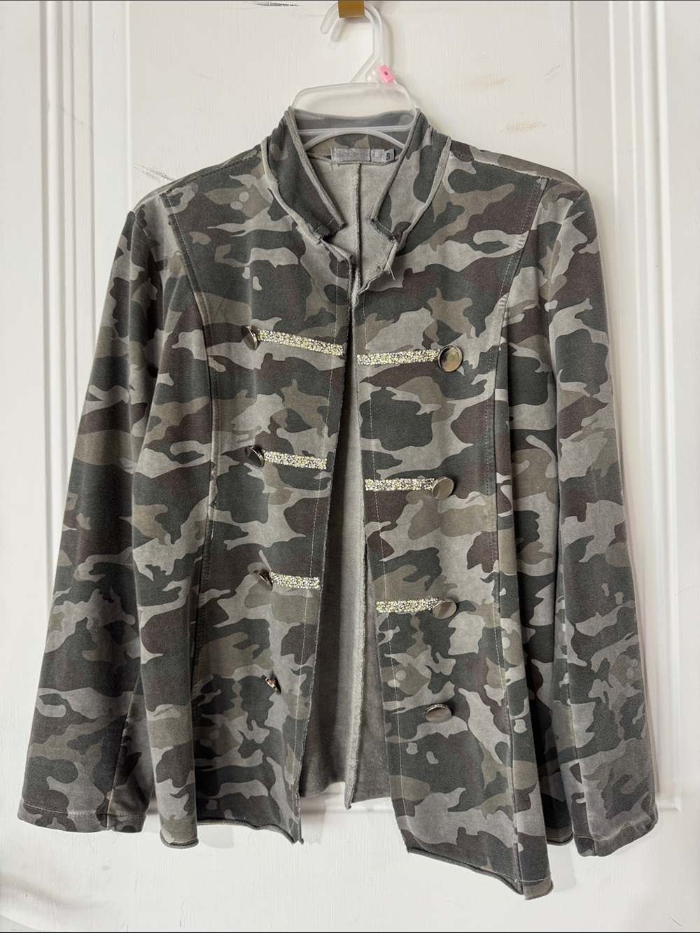 Camo Military-Style Women's Jacket with Embellished Trim-